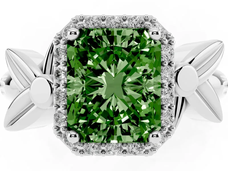 Radiant Cut Floral Halo Engagement Ring Setting for a Fancy Green Lab-Grown Diamond | Platinum