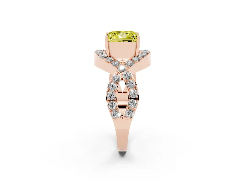 Fancy Yellow Princess Cut Diamond Solitaire Twist Band Pavé Engagement Ring Set in Rose gold