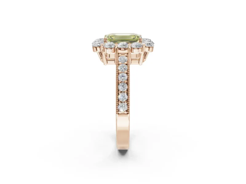 Emerald Cut Vintage Halo Engagement Ring Setting for a Fancy Yellow Lab-Grown Diamond | Rose Gold