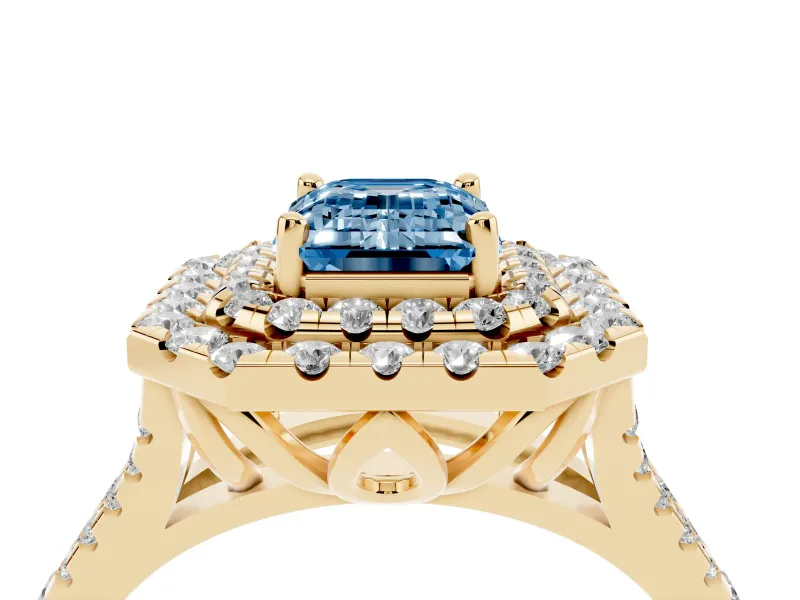 Emerald Cut Halo Split Shank Engagement Ring Setting for a Fancy Blue Lab-Grown Diamond | Pavé Strands | Yellow Gold