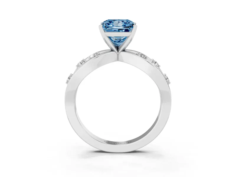 Fancy Blue Princess Cut Diamond Solitaire Ring Set in White gold with Side Stones on Criss-Cross Band and Prong Setting