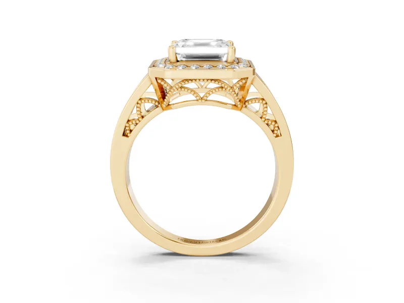 Asscher Cut Vintage Halo Engagement Ring Setting | Channel-Set Split Shank | Yellow Gold