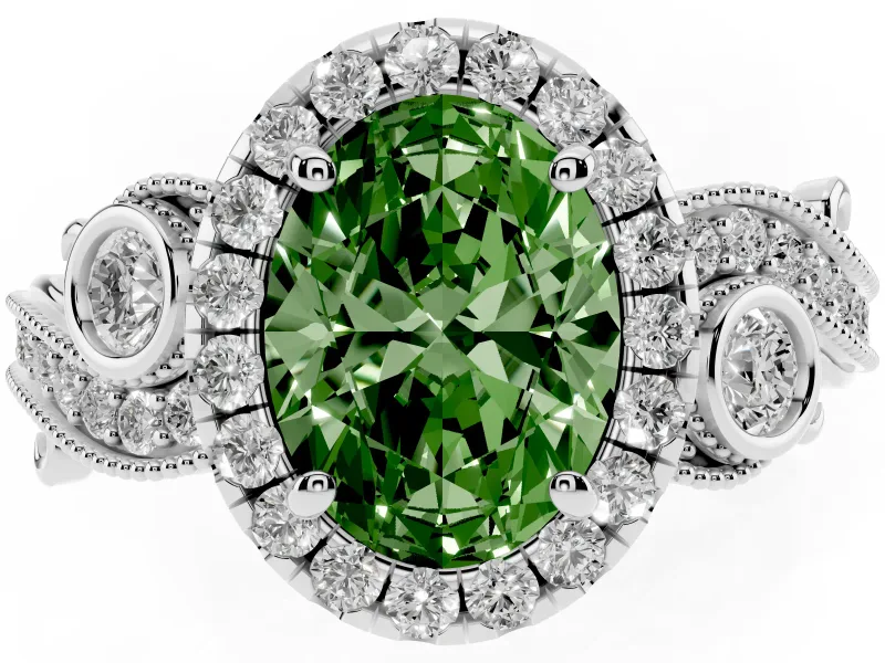 Oval Vintage Halo Engagement Ring Setting for a Fancy Green Lab-Grown Diamond | Bezel Shoulder Accents | Platinum