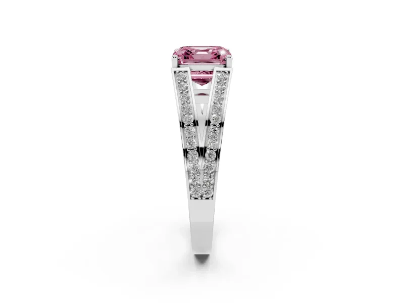 Fancy Pink Asscher Cut Diamond Split Shank Ring Set in Platinum with Pavé Band and Prong Setting