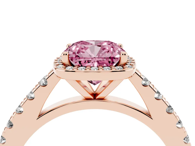 Fancy Pink Cushion Cut Diamond Halo Engagement Ring Set in Rose gold with Pavé Band and Prong Setting