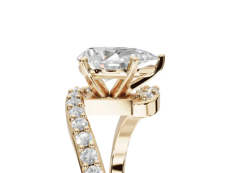 Pear-Shaped Bypass Pavé Solitaire Engagement Ring Setting | Swirl Band | Yellow Gold