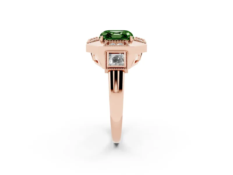 Fancy Green Asscher Cut Diamond Milgrain Halo Ring Set in Rose gold with Split Shank
