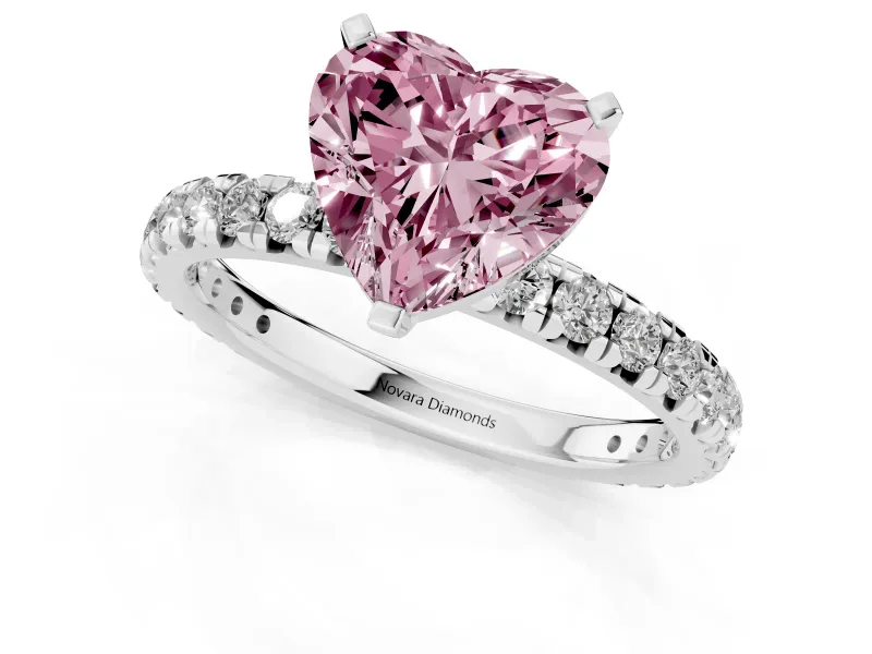 Fancy Pink Heart Cut Diamond Pavé Solitaire Ring Set in Silver with Round Band and Prong Setting