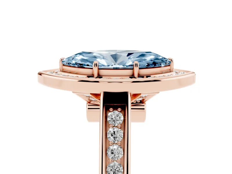 Fancy Blue Marquise Cut Diamond Halo Solitaire Ring Set in Rose gold with Pavé Band and Bezel Setting