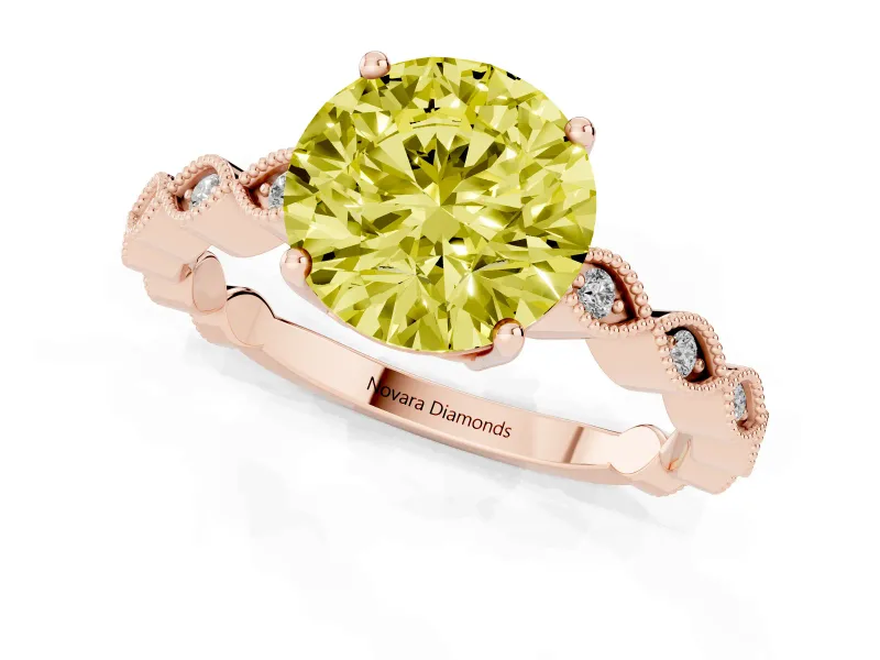 Fancy Yellow Round Cut Diamond Solitaire Ring Set in Rose gold with Infinity Twist Pavé Band
