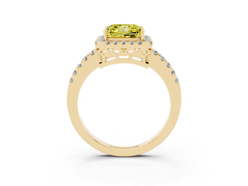 Fancy Yellow Princess Cut Diamond Pavé Band Halo Engagement Ring Set in Yellow gold with Prong Setting