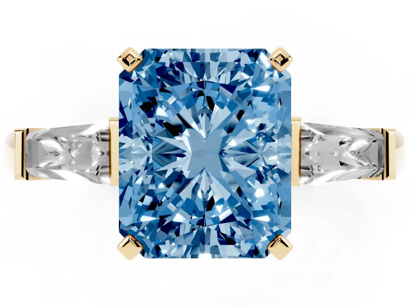 Fancy Blue Radiant Cut Diamond Solitaire Ring Set in Yellow gold with Tapered Baguette Side Stones and Prong Setting