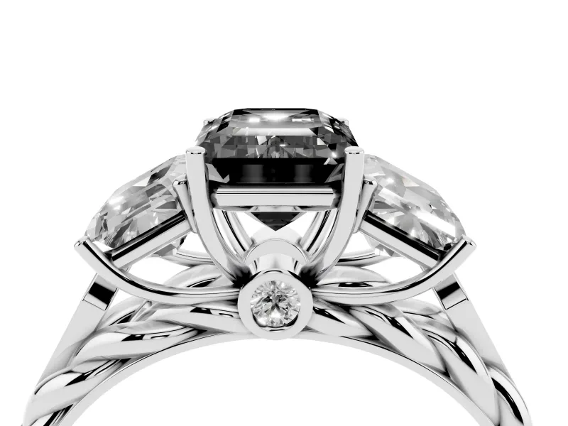 Fancy Black Emerald Cut Diamond Three-Stone Ring Set in Platinum with Braided Band