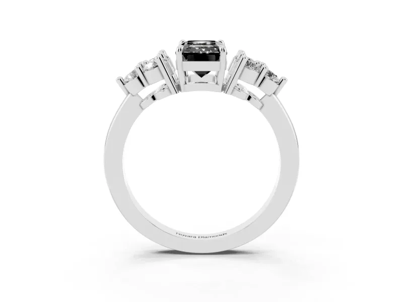 Fancy Black Emerald Cut Diamond Solitaire Ring Set in Silver with Cluster Accents on Each Side