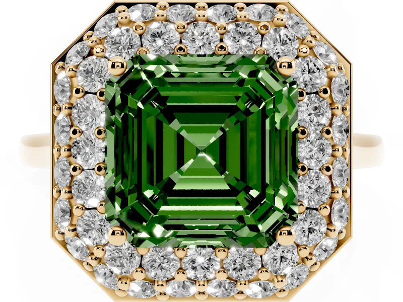 Fancy Green Asscher Cut Diamond Halo Engagement Ring Set in Yellow gold with Solitaire Band and Prong Setting