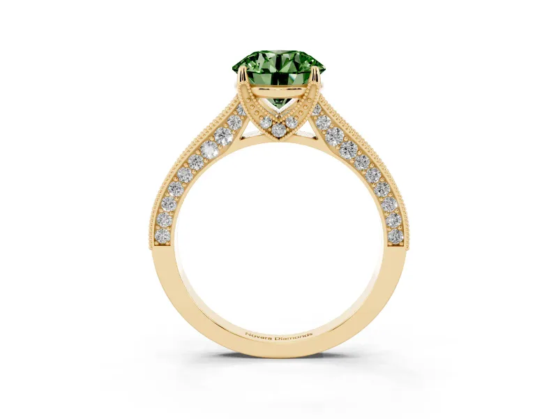 Round Vintage Hidden Halo Engagement Ring Setting for a Fancy Green Lab-Grown Diamond | Milgrain Pave Band | Yellow Gold