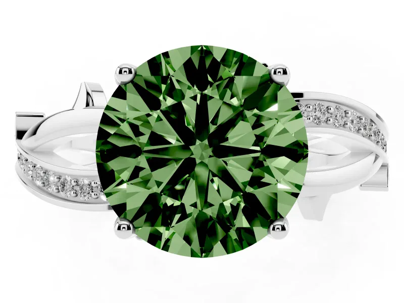 Fancy Green Round Cut Diamond Pavé Twist Band Solitaire Ring Set in White gold with Prong Setting