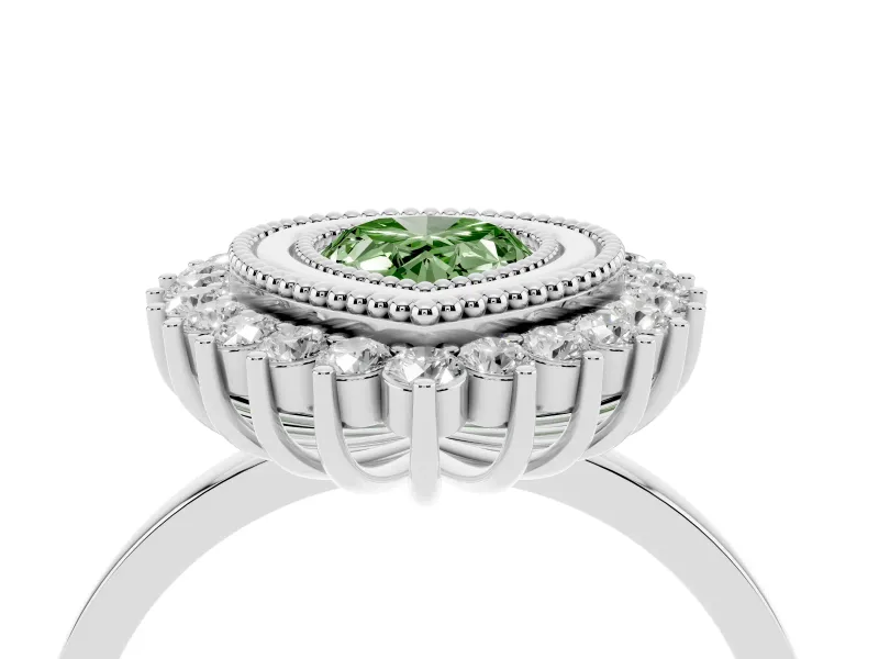 Fancy Green Pear Cut Diamond Halo Ring Set in Platinum with Milgrain Edge and Round Prong Setting