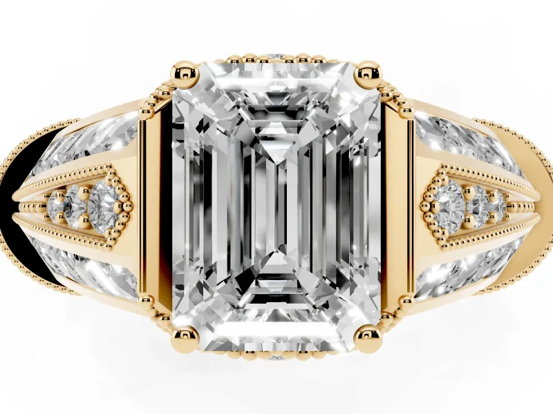 Emerald Cut Diamond Vintage-Inspired Milgrain Ring Set in Yellow gold with Accent Split Shank