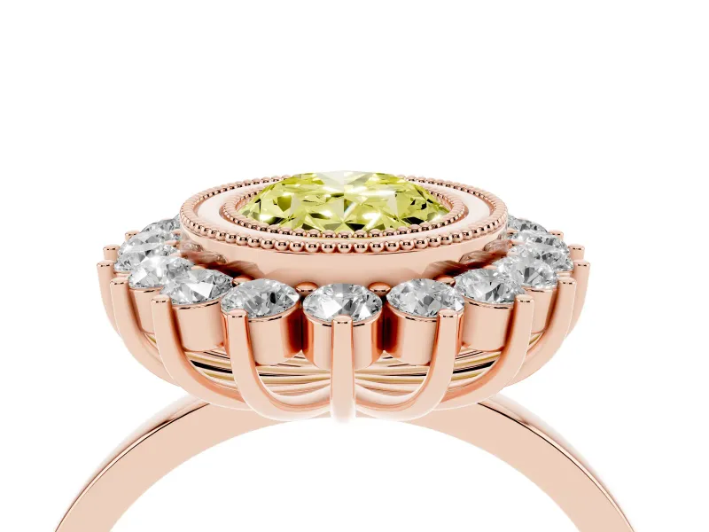 Fancy Yellow Oval Cut Diamond Halo Ring Set in Rose gold with Milgrain Edge and Round Prong Setting