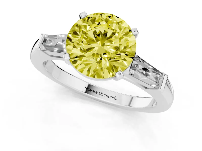 Round Three Stone Engagement Ring Setting for a Fancy Yellow Lab-Grown Diamond | Tapered Baguettes | Sterling Silver