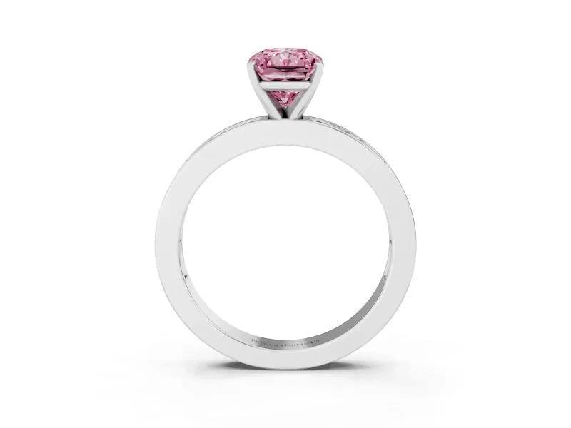 Fancy Pink Radiant Cut Diamond Solitaire Ring Set in White gold with Channel-Set Baguette Band and Prong Setting