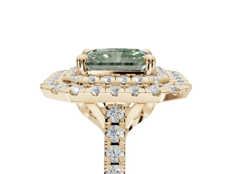 Fancy Green Radiant Cut Lab-Grown Diamond Double Halo Statement Ring Set in Yellow Gold with Pavé Band
