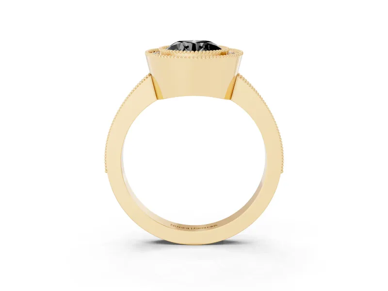 Fancy Black Round Cut Diamond Halo Engagement Ring Set in Yellow gold with Pavé Band and Round Halo Stones