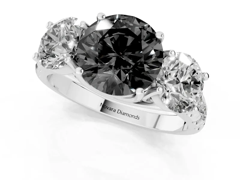Round Three Stone Engagement Ring Setting for a Black Center | Accented Shoulders | White Gold