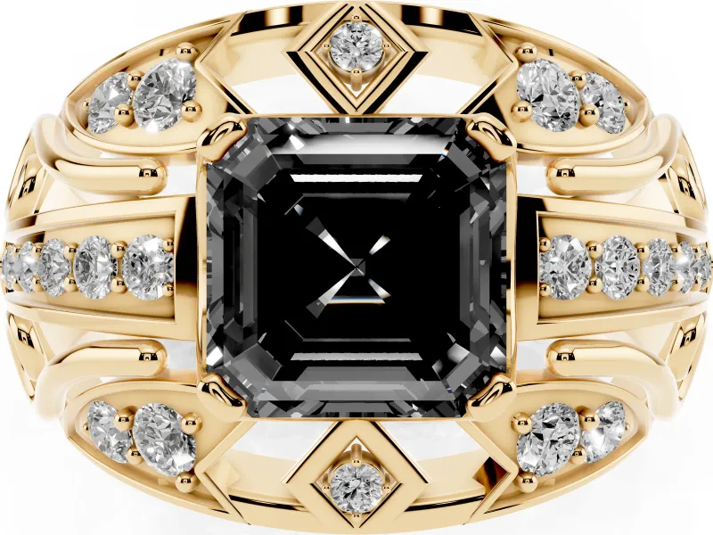 Asscher Cut Art Deco Graduated Engagement Ring Setting for a Black Center | Yellow Gold