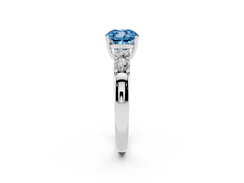 Fancy Blue Cushion Cut Diamond Five-Stone Prong Set Engagement Ring Set in White gold with Channel Band