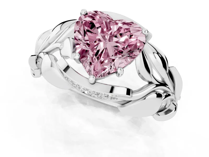 Fancy Pink Heart Cut Diamond Leaf-Inspired Engagement Ring Set in Platinum with Round Accents