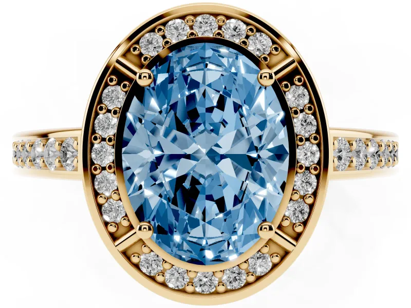 Fancy Blue Oval Cut Diamond Halo Pavé Split Shank Ring Set in Yellow gold with Prong Setting