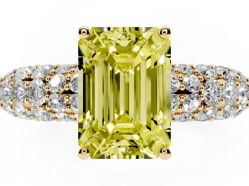 Emerald Cut Close Set Pave Engagement Ring Setting for a Fancy Yellow Lab-Grown Diamond | Multi Row | Yellow Gold