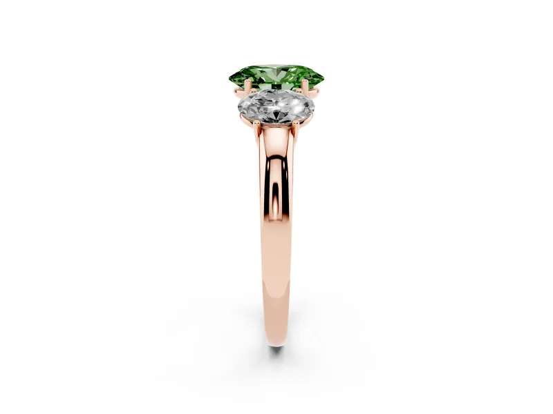 Fancy Green Oval Cut Diamond Three-Stone Ring Set in Rose gold with Bold Center and Classic Band