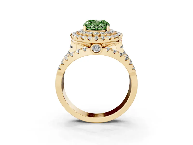 Oval Double Halo Split Shank Engagement Ring Setting for a Fancy Green Lab-Grown Diamond | Pave Strands | Yellow Gold