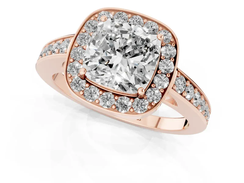 Cushion Cut Diamond Halo Pavé Engagement Ring Set in Rose gold with Bezel Setting