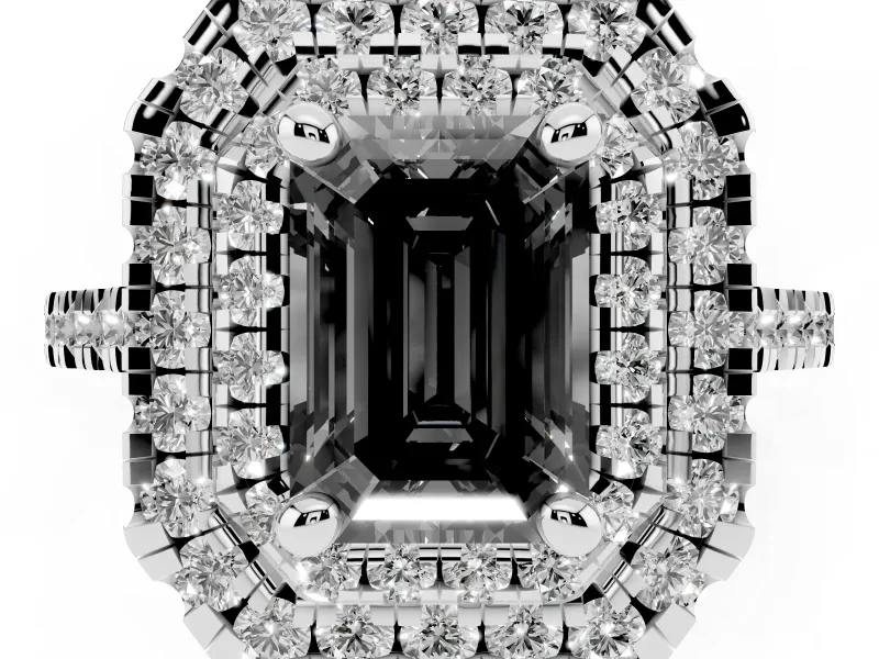 Fancy Black Emerald Cut Diamond Double Halo Statement Ring Set in White gold with Pavé Band