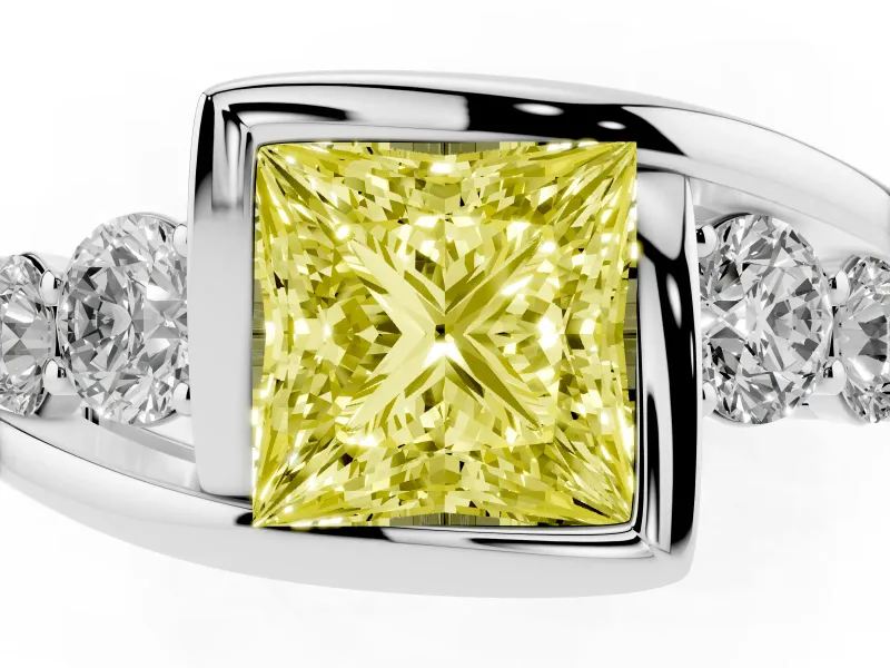 Fancy Yellow Princess Cut Diamond Bezel Bypass Ring Set in White gold with Round Accents
