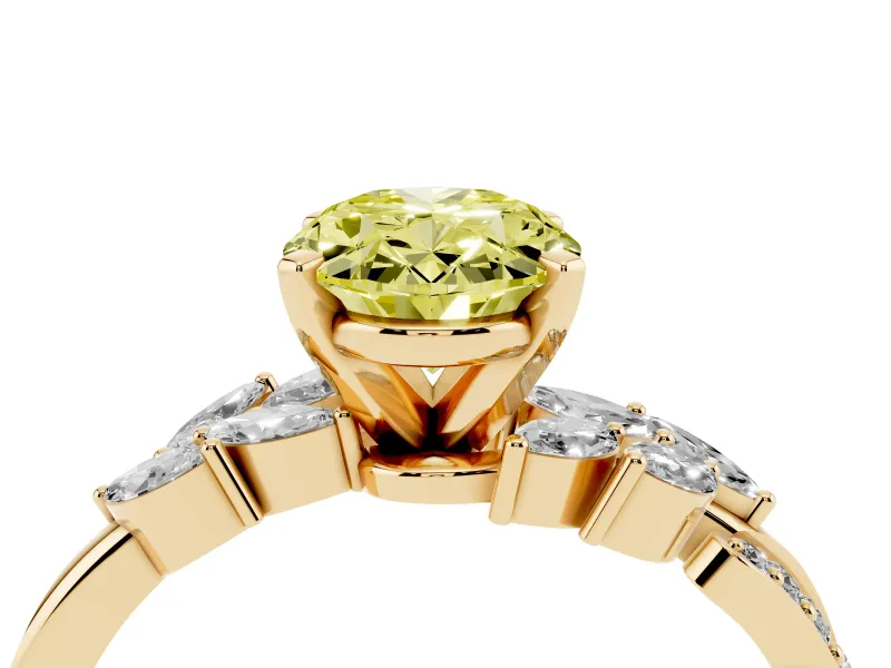 Fancy Yellow Oval Cut Diamond Solitaire Ring Set in Yellow gold with Marquise Twist Band and Prong Setting