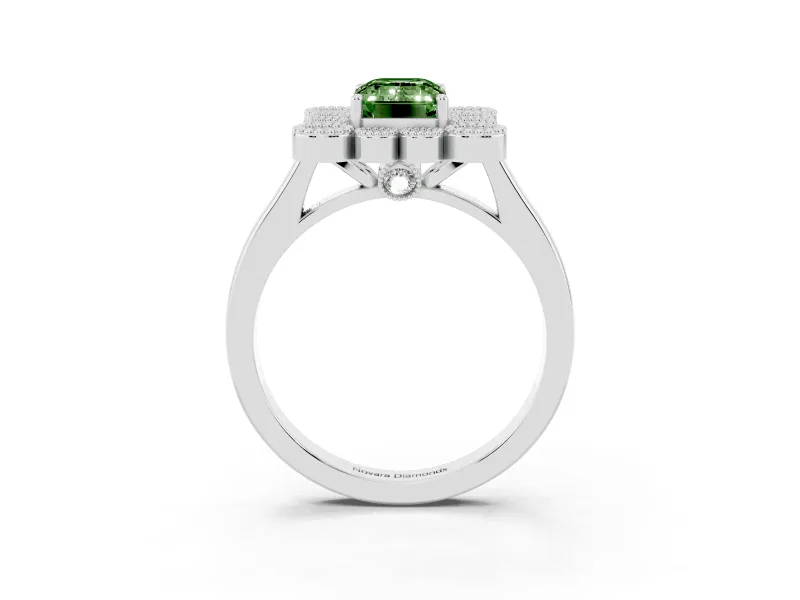 Emerald Cut Milgrain Cluster Halo Engagement Ring Setting for a Fancy Green Lab-Grown Diamond | Plain Band | White Gold