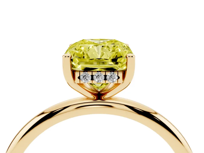 Fancy Yellow Radiant Cut Diamond Solitaire Engagement Ring Set in Yellow gold with Prong Setting and Polished Band