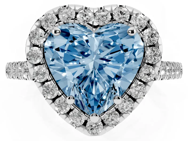 Heart-Shaped Raised Halo Engagement Ring Setting for a Fancy Blue Lab-Grown Diamond | Pave Band | Sterling Silver