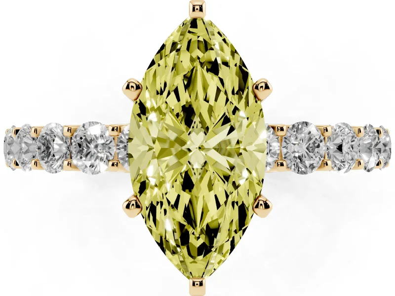 Fancy Yellow Marquise Cut Diamond Solitaire Ring Set in Yellow gold with Shared Prong Pavé Band