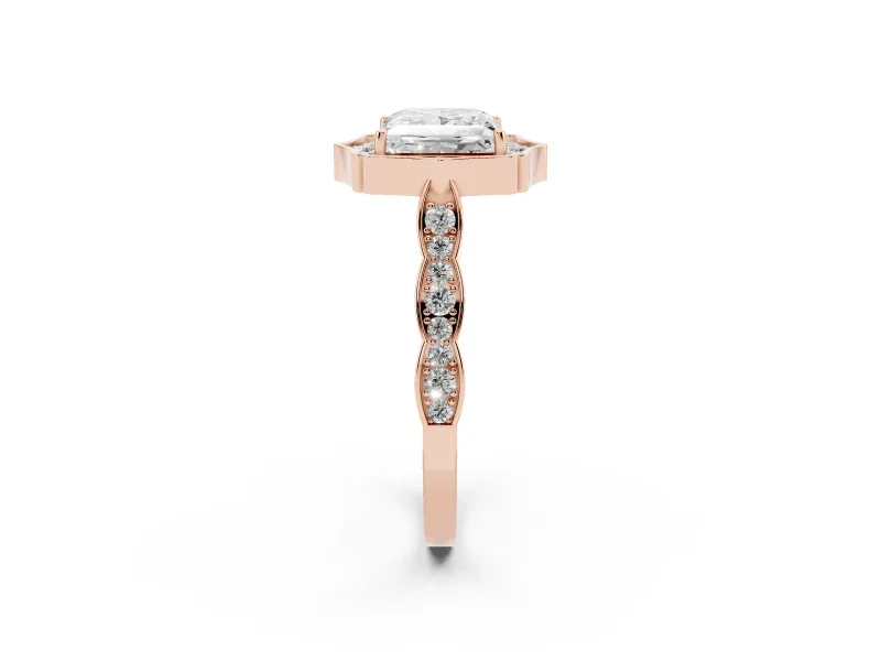 Princess Cut Vintage Scalloped Halo Engagement Ring Setting | Pave Band | Rose Gold