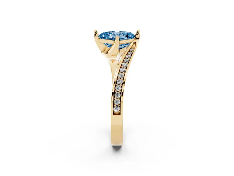 Asscher Cut Bypass Pavé Solitaire Engagement Ring Setting for a Fancy Blue Lab-Grown Diamond | Angled Head | Yellow Gold