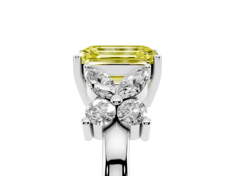 Fancy Yellow Emerald Cut Diamond Floral Cluster Ring Set in White gold with Marquise Petals and Prong Setting