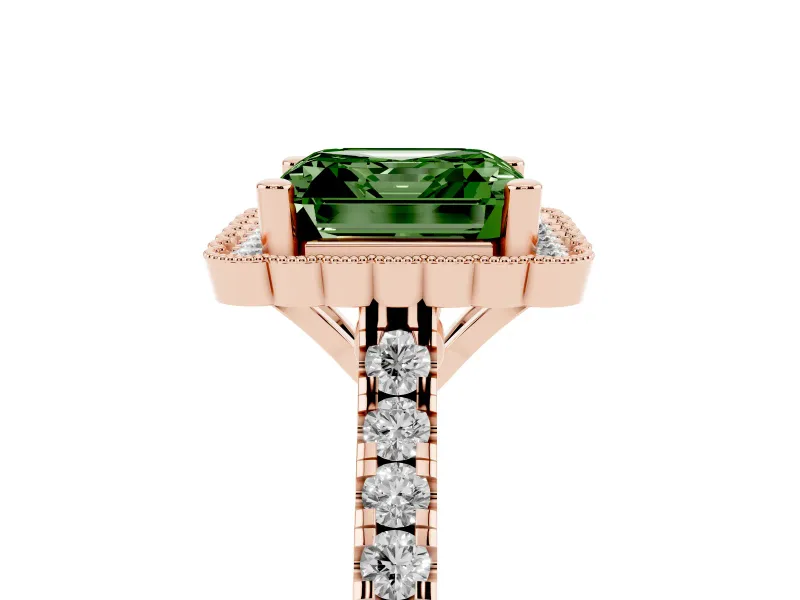 Asscher Cut Milgrain Floral Halo Engagement Ring Setting for a Fancy Green Lab-Grown Diamond | Pavé Band | Rose Gold