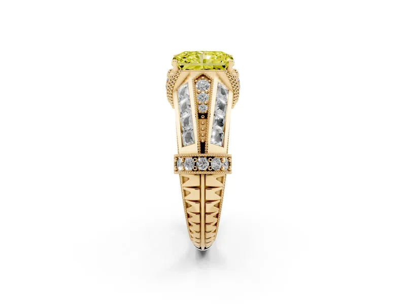 Fancy Yellow Radiant Cut Diamond Vintage-Inspired Milgrain Ring Set in Yellow gold with Accent Split Shank
