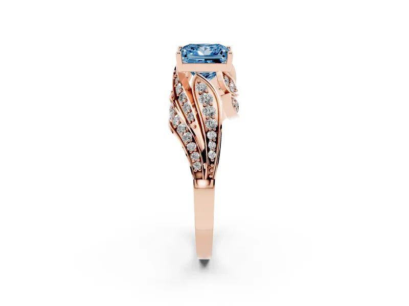 Fancy Blue Princess Cut Diamond Solitaire Ring Set in Rose gold with Layered Twist Pavé Band